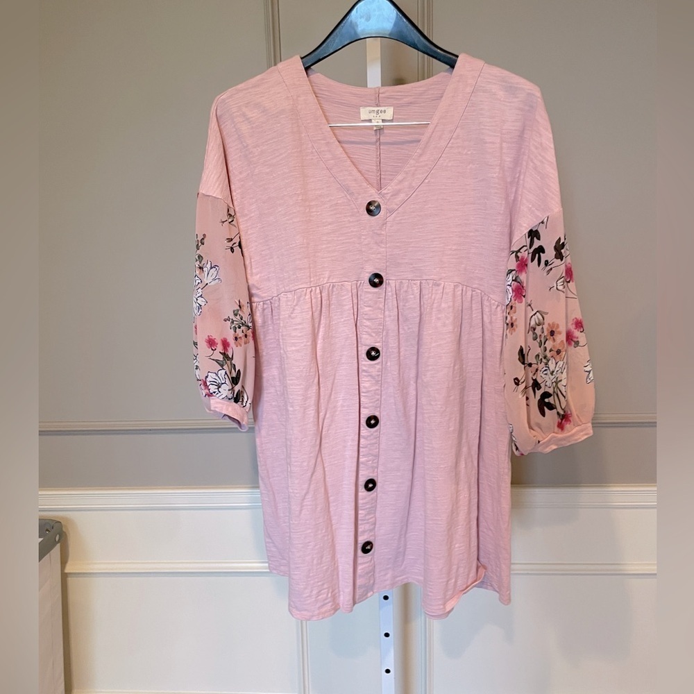 Umgee Small Tunic Dress Top Blouse Pink Floral V Neck Casual Boho Festival